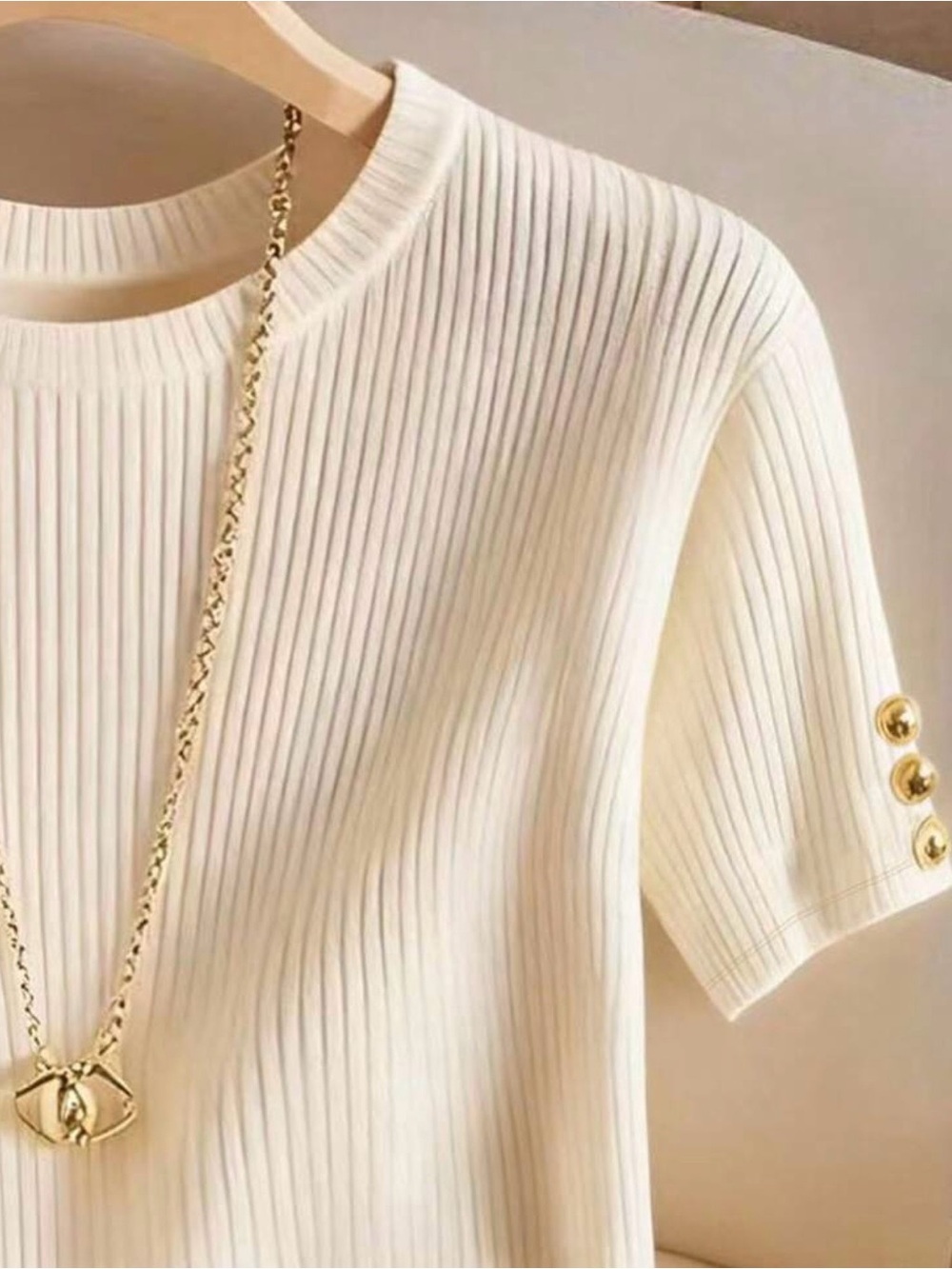 NWT Cream Ribbed Short Sleeve Sweater with Button Detail—Necklace Not Included